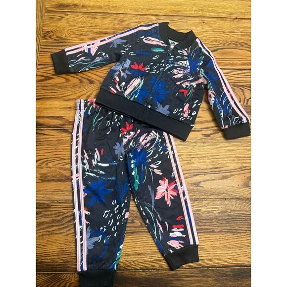 Adidas Black Blue Floral Print Zip Up Jacket Pants Tracksuit Set Size 18 Months - Picture 1 of 4